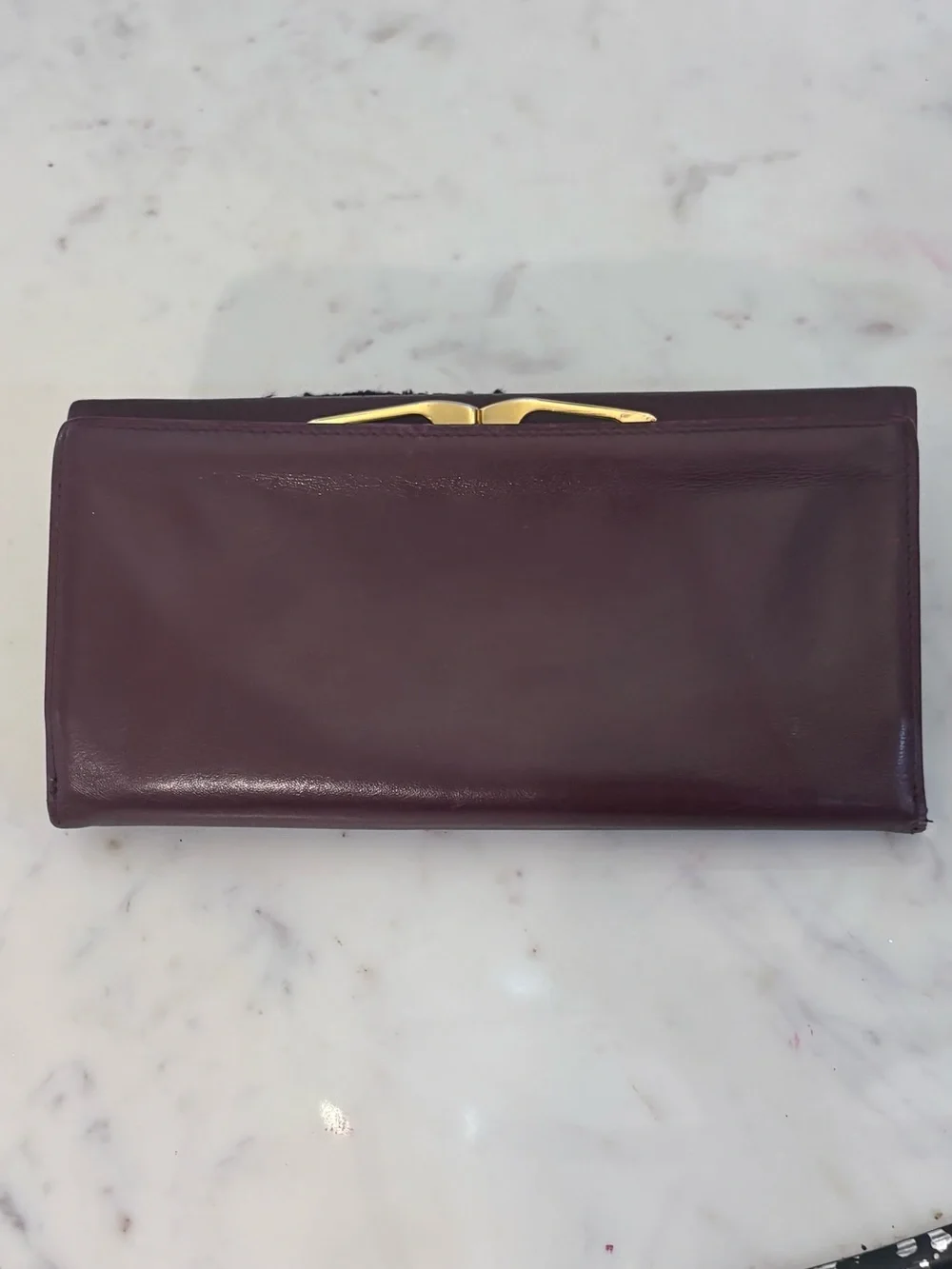 Vintage Cartier Burgundy Leather Long Wallet Kiss Lock Coin Purse Gold Tone